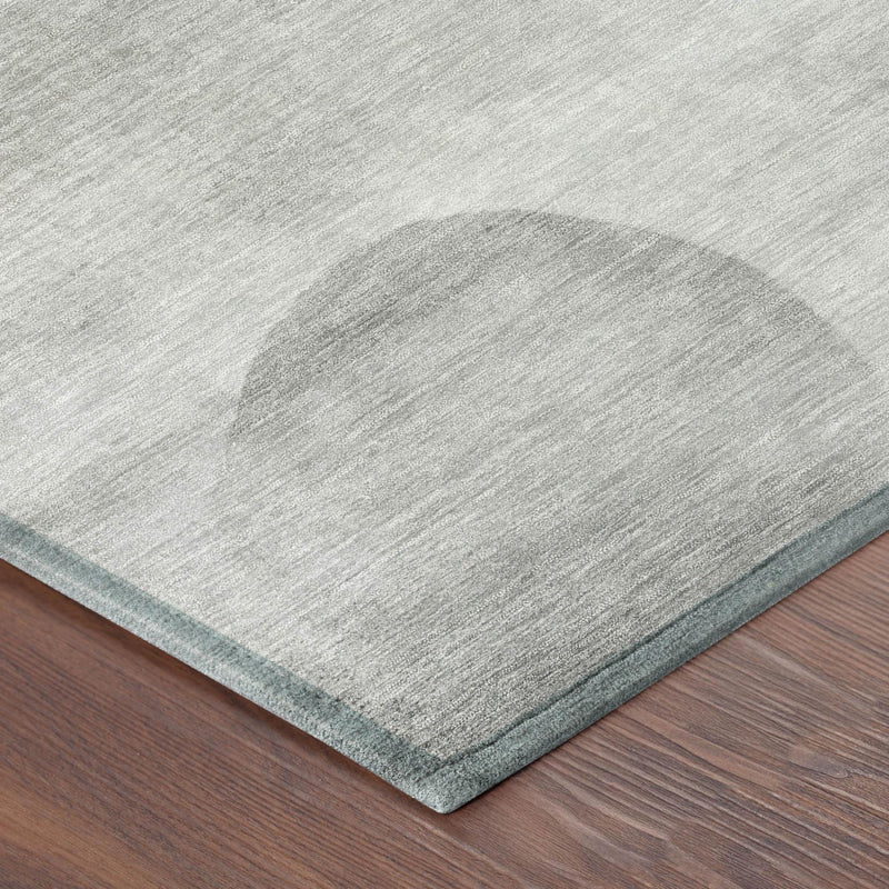 Corner view of light gray area rug with muted geometric ovals and subtle texture