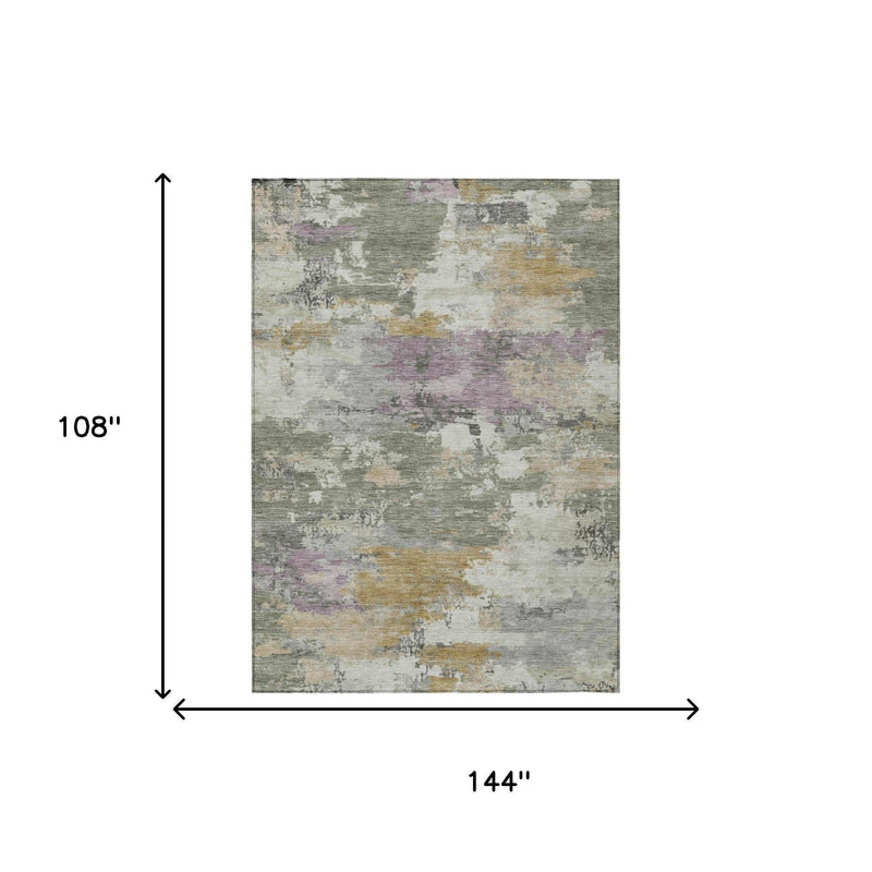 Abstract area rug shown with size indicators; gray, sage green, purple, and gold pattern.