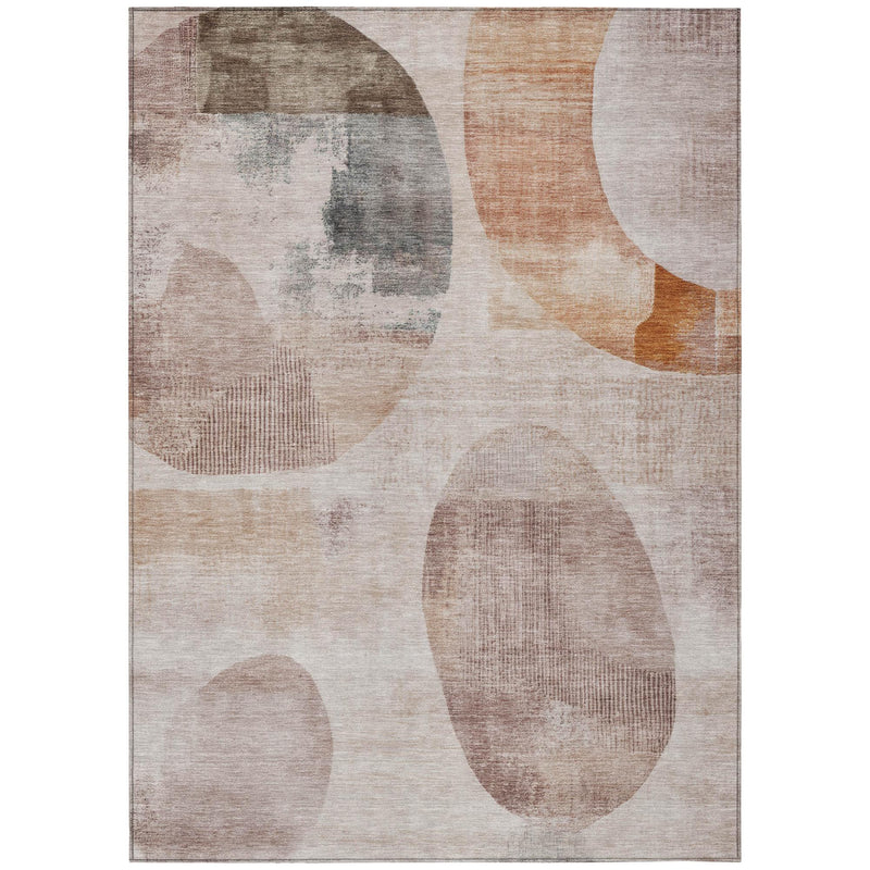 Abstract area rug with oval and block shapes in beige, rust-orange, and brown.