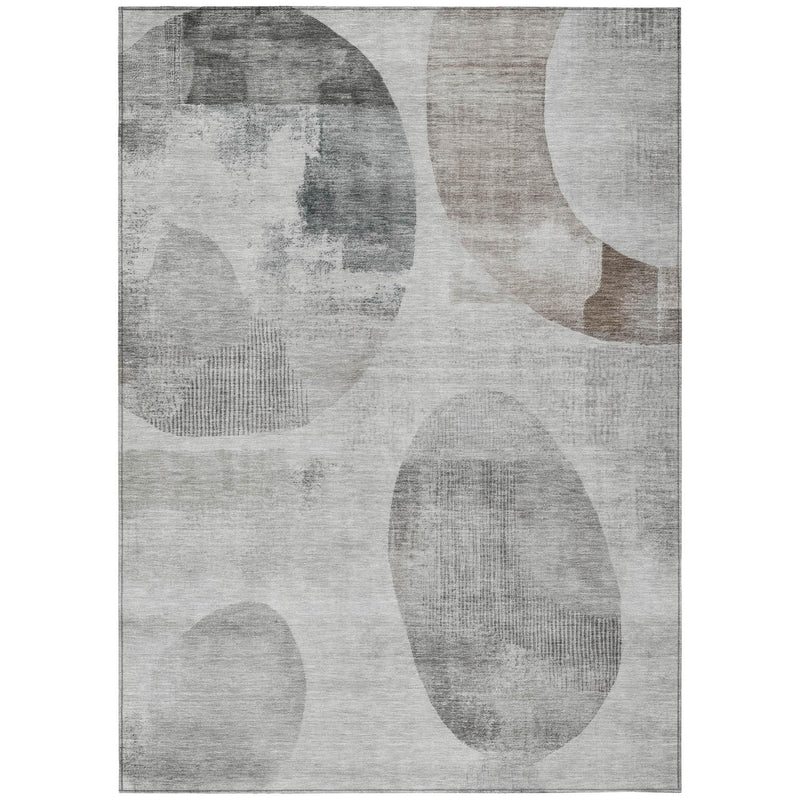 Taupe-and-brown geometric area rug, abstract circles, ovals, and block shapes on gray