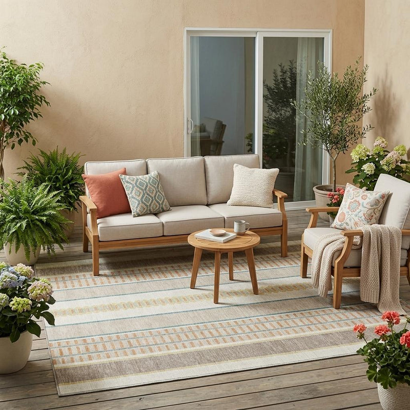 Ivory indoor outdoor rug with blue-green and tan striped design on patio seating area