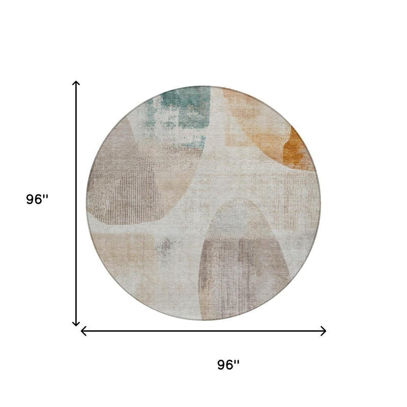 Round area rug, 96 in diameter, ivory with silver and blue geometric pattern