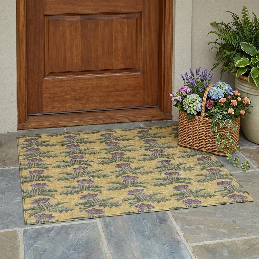3' X 5' Gold And Khaki Floral Washable Indoor Outdoor Area Rug - Sports & Outdoor