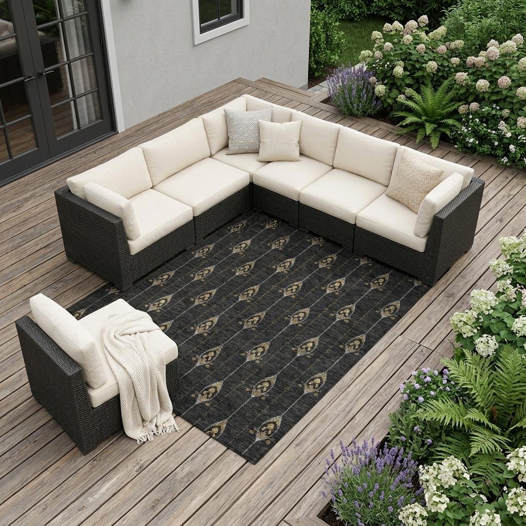 10' X 14' Black And Denim Blue Geometric Washable Indoor Outdoor Area Rug - Sports & Outdoor