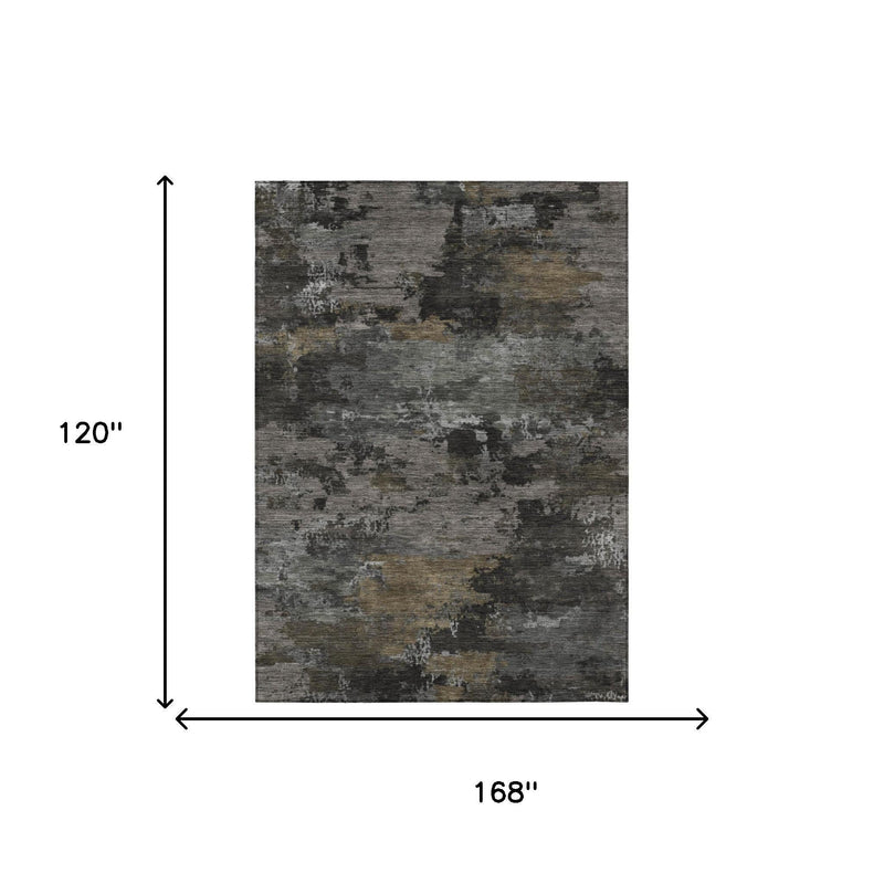 Rectangular abstract area rug in gray pewter with mottled tan and olive accents