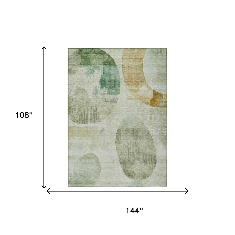 Green and ivory abstract geometric rug with oval shapes, size labeled 144in x 108in