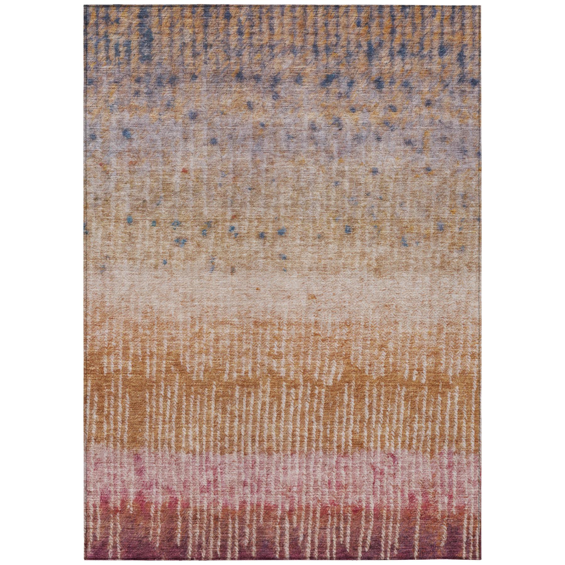 Textured ombre area rug in warm hues of gold, rust, and purple. Soft, durable fabric ideal for modern homes.