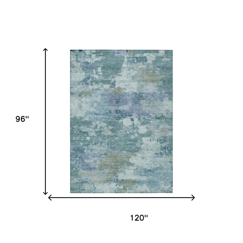 Teal blue abstract area rug size 120 in by 96 in with silver distressed pattern