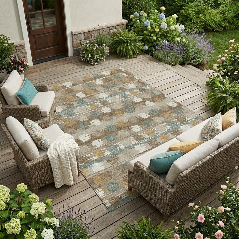 Rectangular patio area rug with brown and aqua abstract distressed pattern and ivory areas