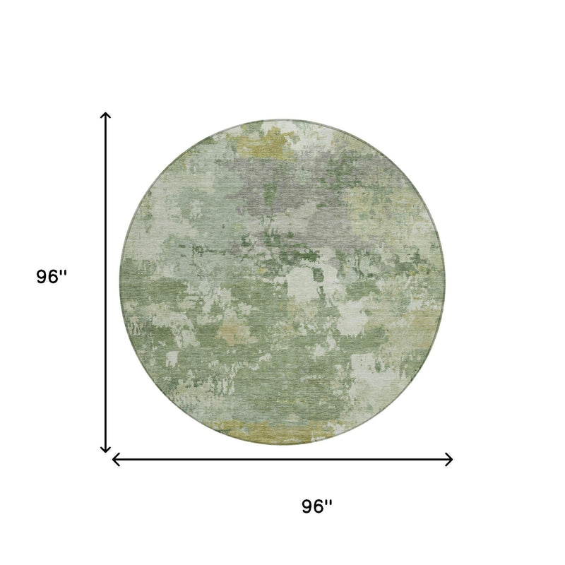 Round abstract washable area rug, 96 in size, green and beige distressed look