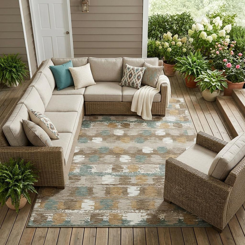 Indoor outdoor area rug with abstract brown, aqua, and cream distressed pattern