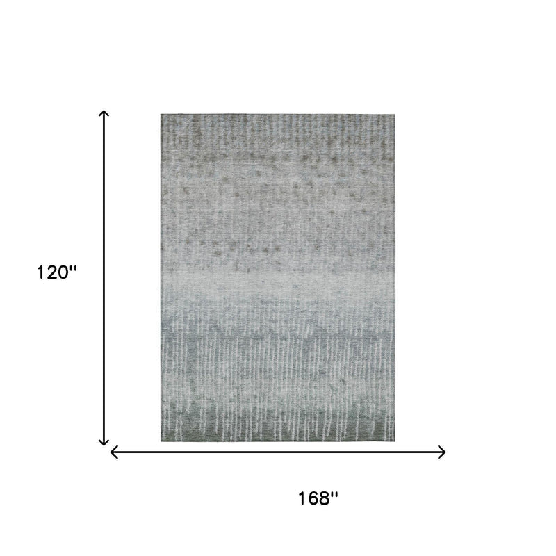 Rectangular sage and green abstract area rug shown with size diagram