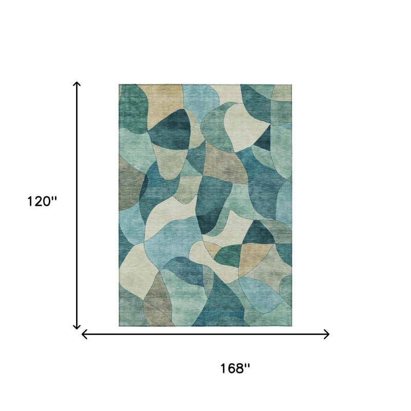 Teal and beige abstract area rug, 168 in x 120 in rectangle