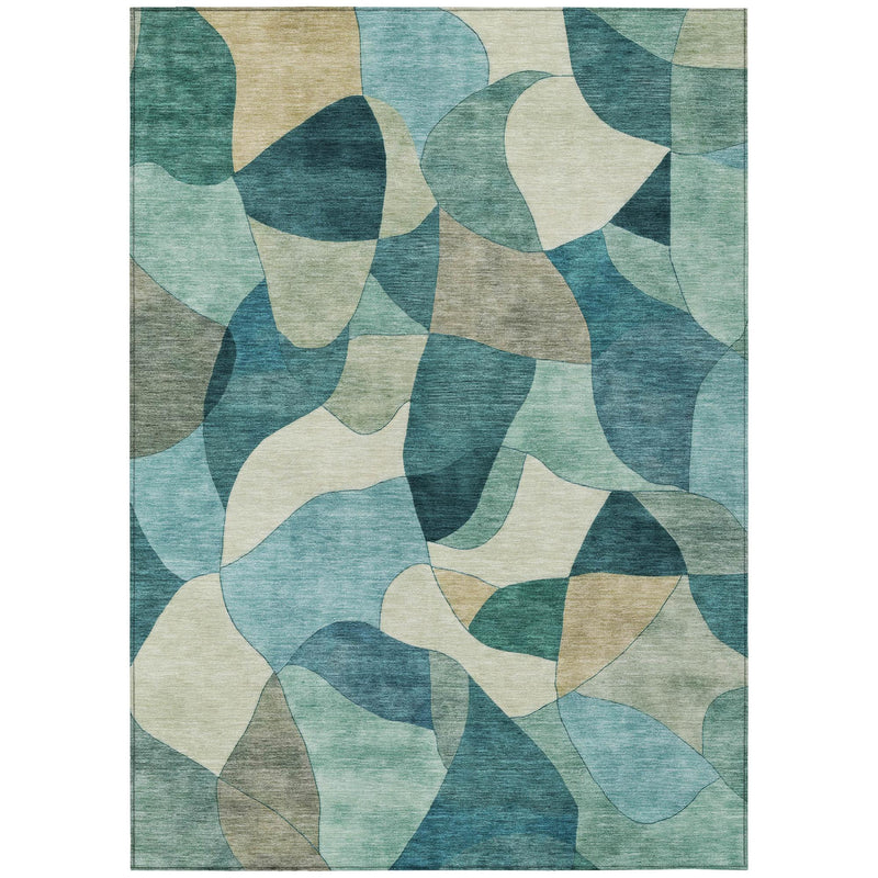 Rectangular teal and beige abstract area rug with layered curved shapes