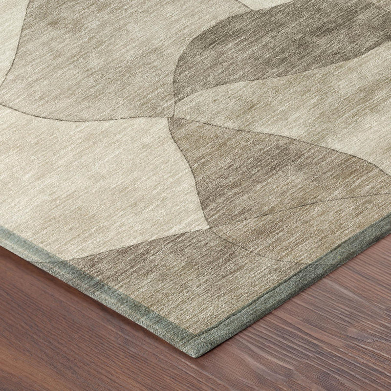 Round rug corner with beige and brown pattern and greenish border, textured pile