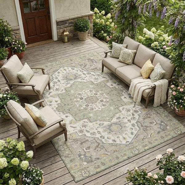 Green oriental rug with cream and multicolor floral medallion, washable indoor/outdoor