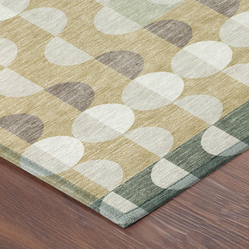 Flatweave area rug with large circle and diamond geometric pattern in green, beige, ivory