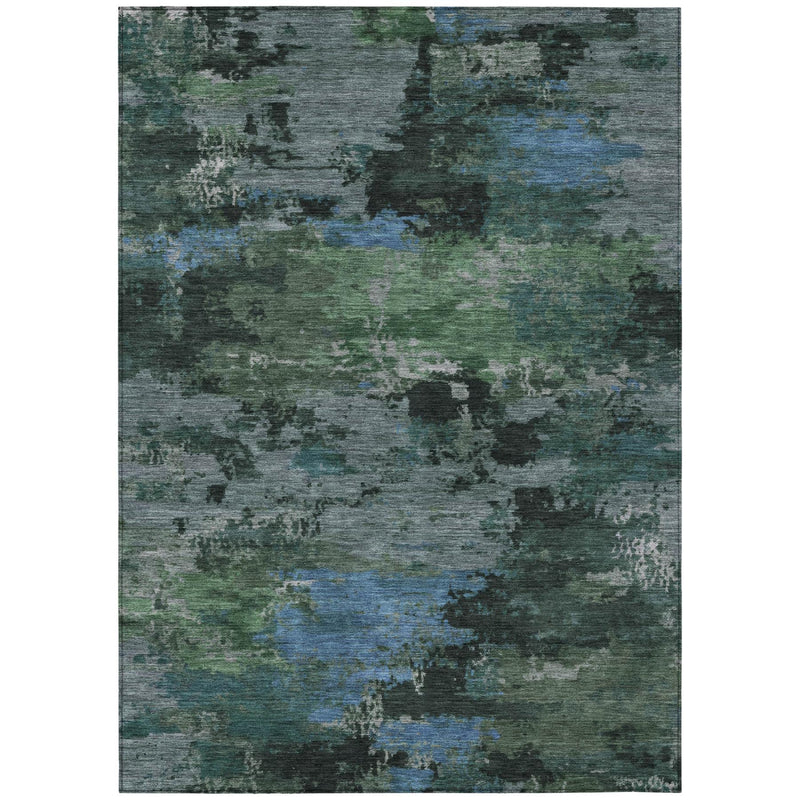 5 x 8 ft abstract area rug, green and graphite with distressed blue pattern