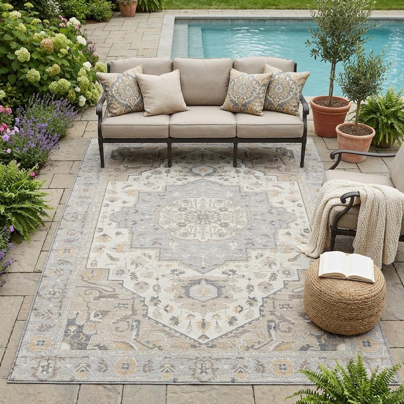 Ornamental indoor outdoor area rug in a patio setting with gray and cream pattern