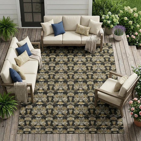 Black area rug with wheat floral medallion pattern, rectangular design for indoor/outdoor use