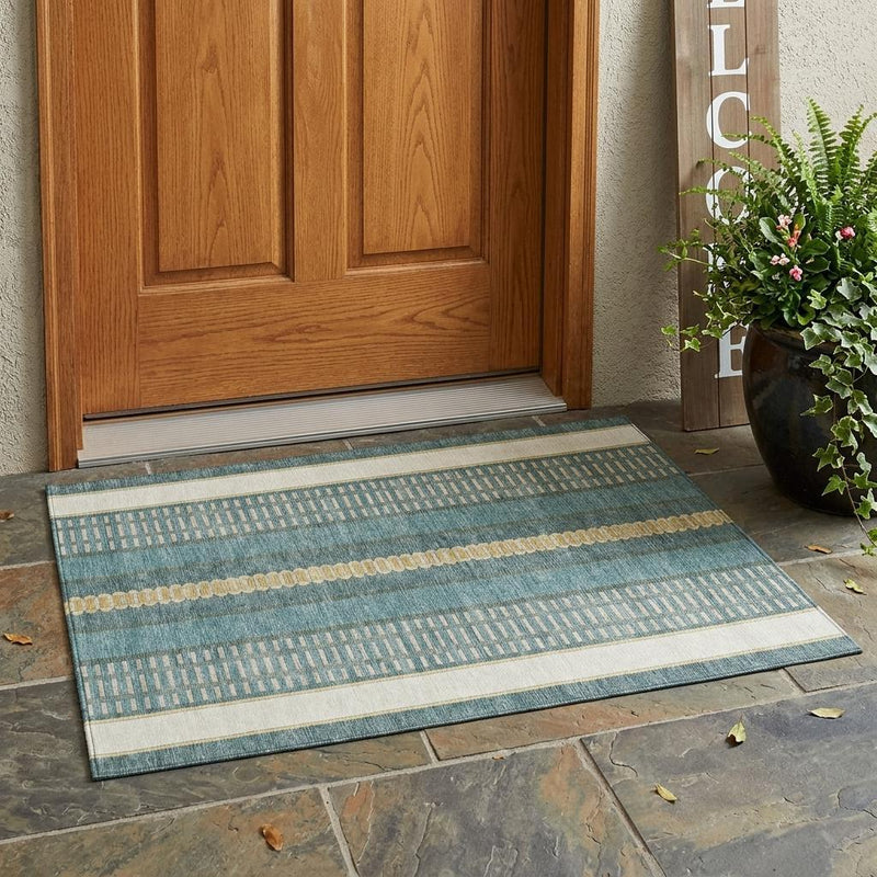 Teal and gold striped rectangular area rug with flat woven texture