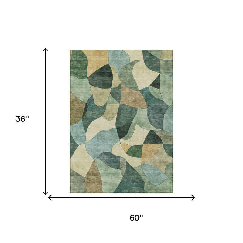 Abstract area rug size diagram: 60 in x 36 in, green and beige wavy pattern