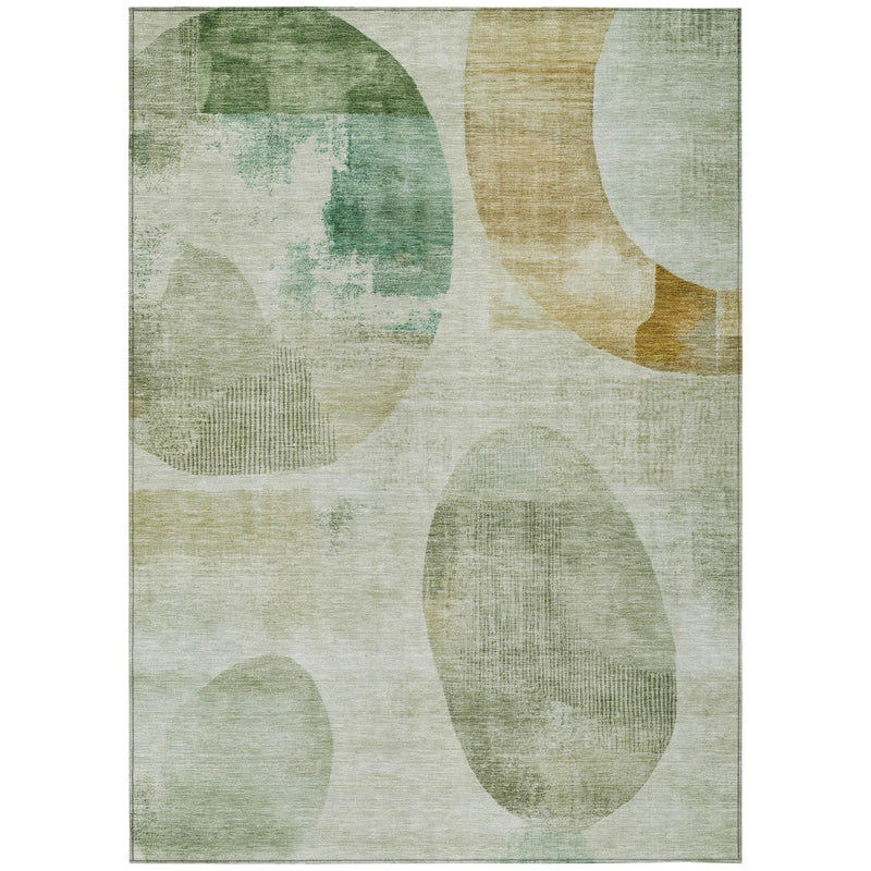 Green and ivory geometric washable area rug with large oval and block pattern