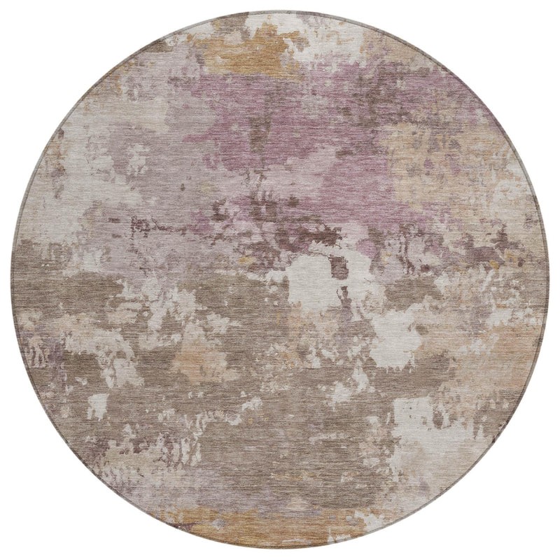 Round washable indoor/outdoor area rug, beige and brown distressed abstract print