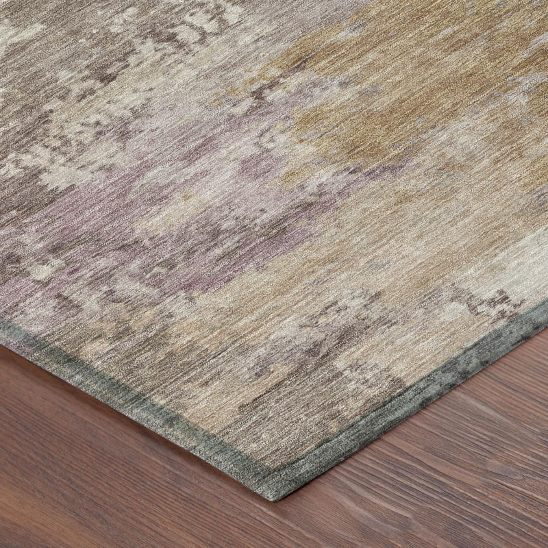 Round abstract rug corner detail with short flat weave and muted multicolor tones
