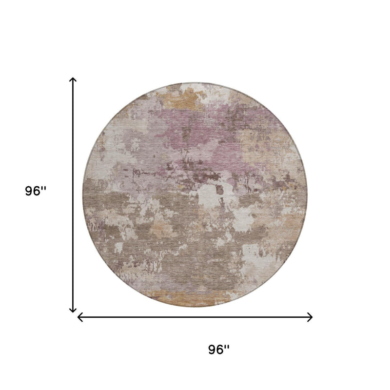 Round rug diagram showing 96 in diameter with distressed beige-brown abstract design