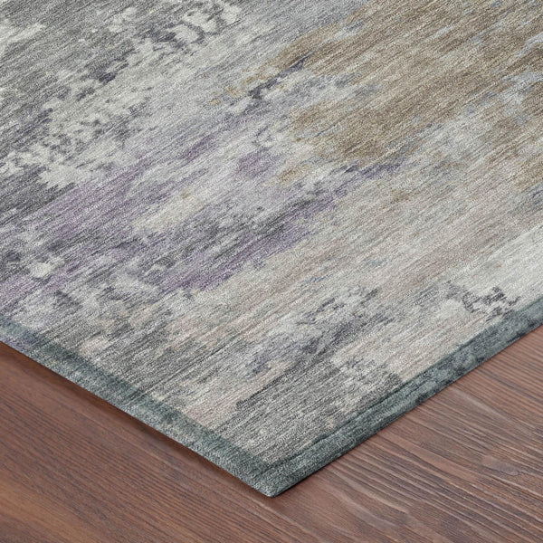 Abstract area rug with gray and silver tones and distressed pattern, washable indoor/outdoor