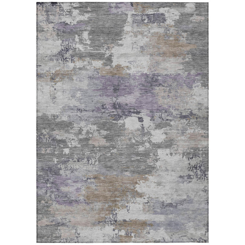 Gray, silver, and subtle purple abstract area rug with distressed distressed-look pattern