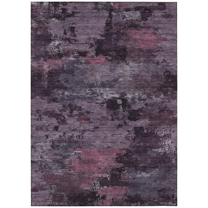 Rectangular area rug with distressed abstract design in plum, gray, and muted maroon