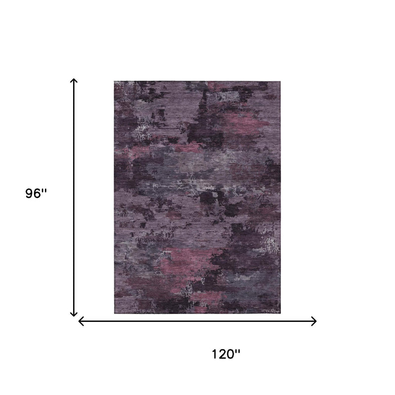 Rectangular 8x10 ft area rug with distressed abstract plum, gray, and maroon pattern