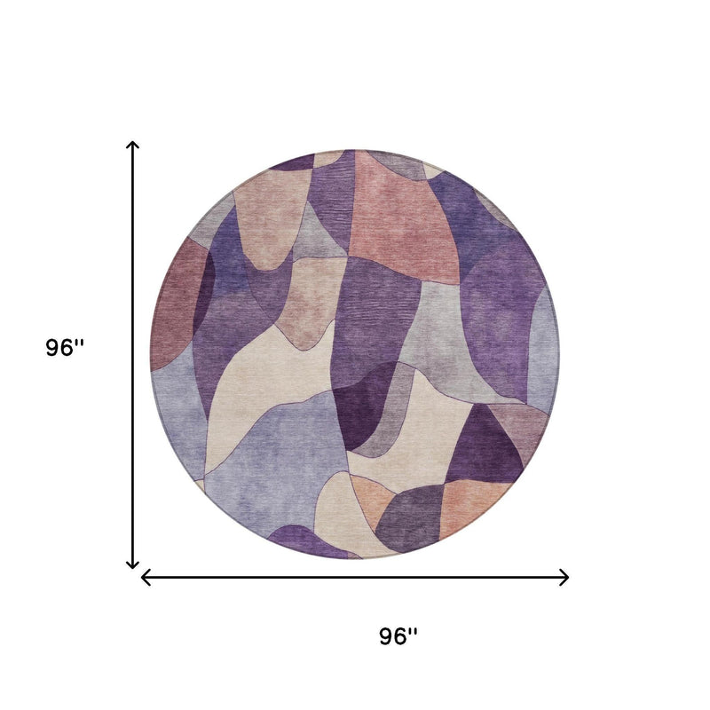 Round abstract area rug, 96 in diameter, plum and purple geometric patchwork
