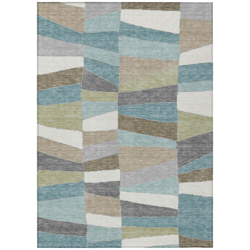 Geometric area rug rectangular with teal, beige, gray, and white patchwork blocks