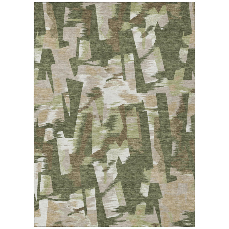 Olive green abstract rug with off-white and beige rectangles and brushy streaks