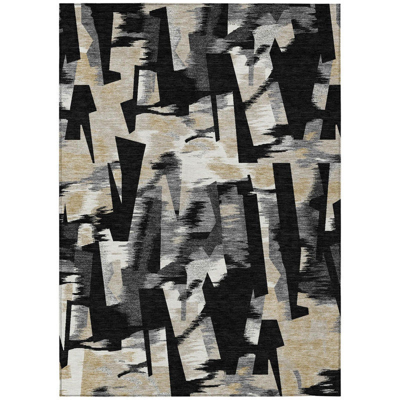 Abstract area rug pattern with black shapes over cream and gray background