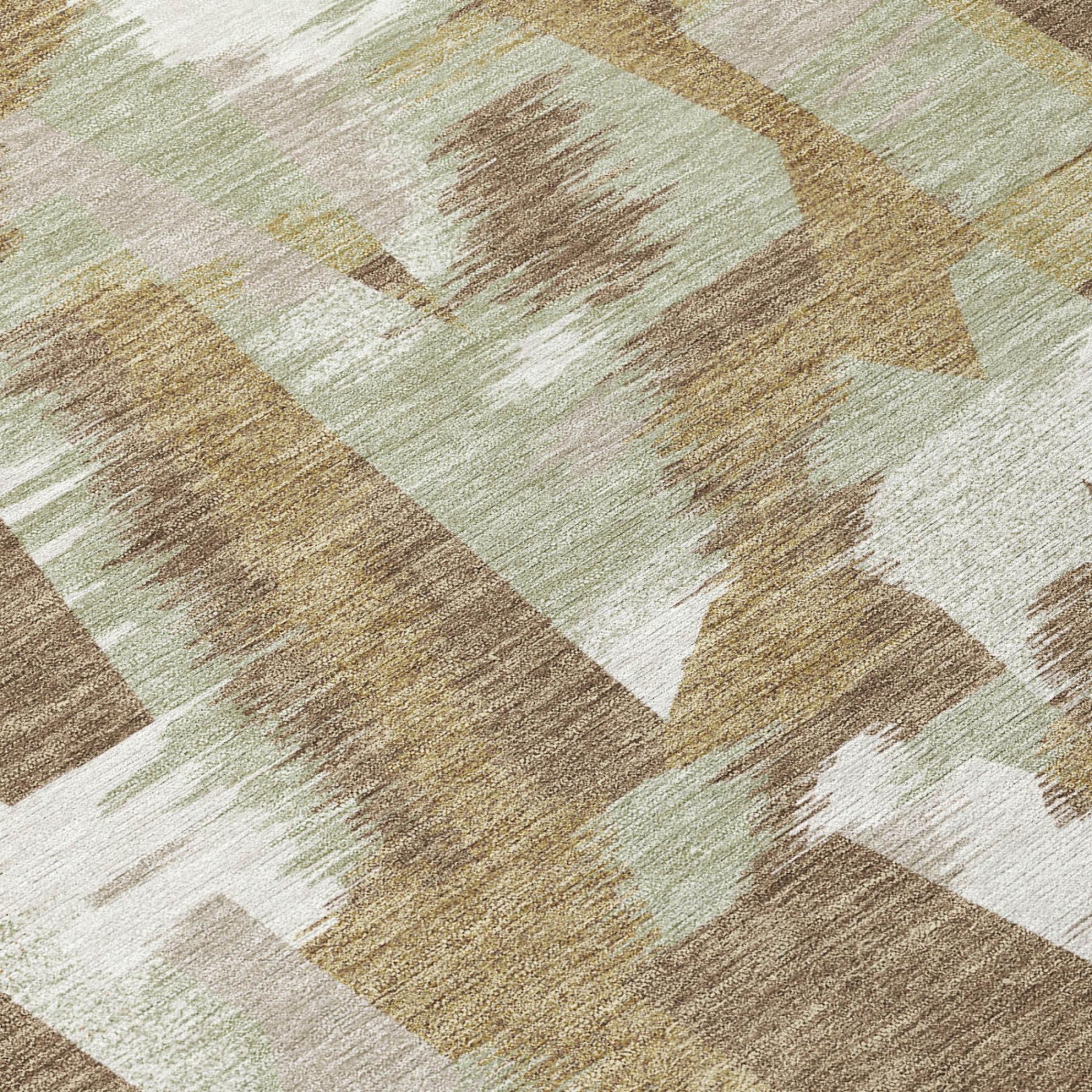 Abstract rug corner detail with brown, beige, and pale greenish blocks; low-pile weave.
