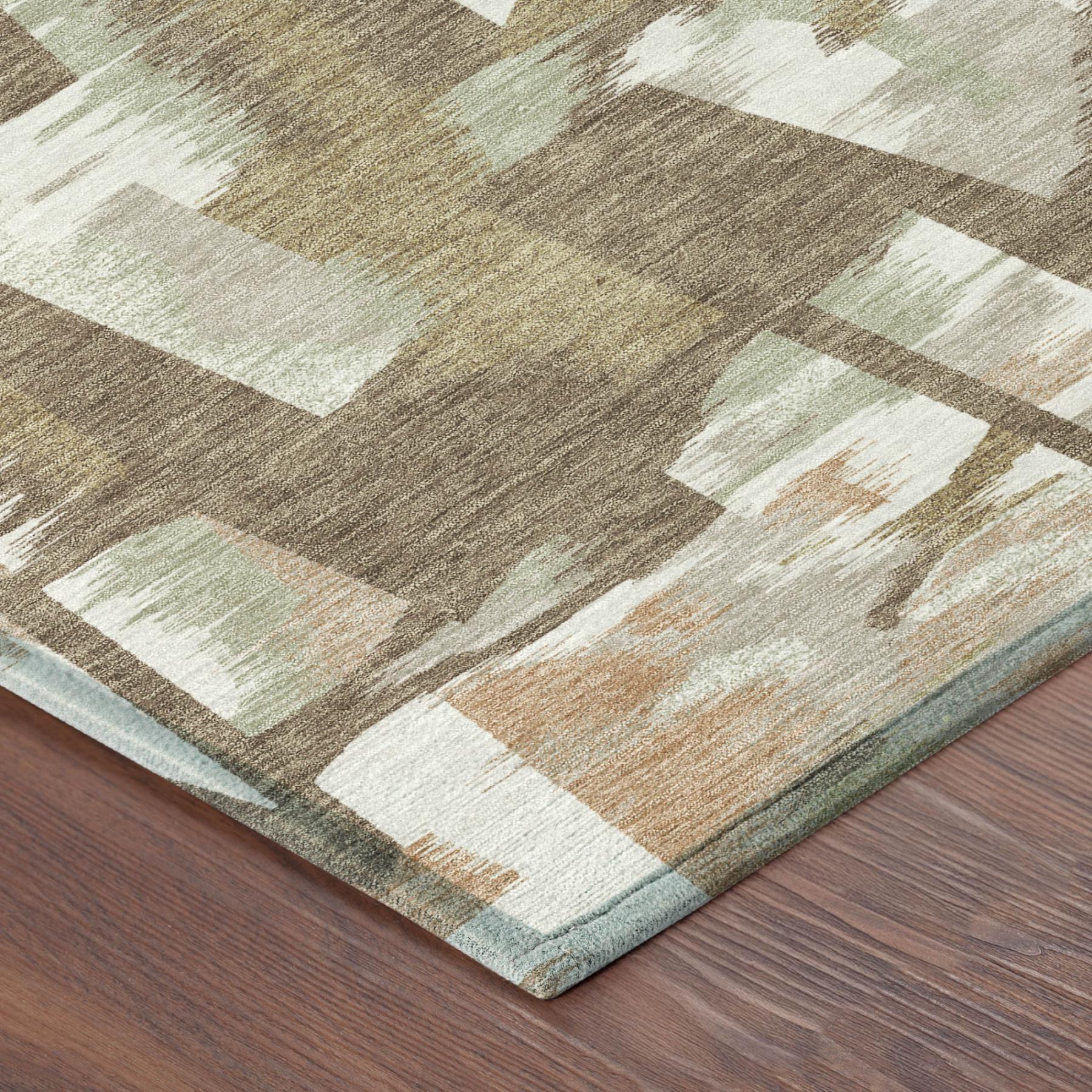 Abstract area rug with brown, beige, and cream geometric blocks; low-pile flat weave.