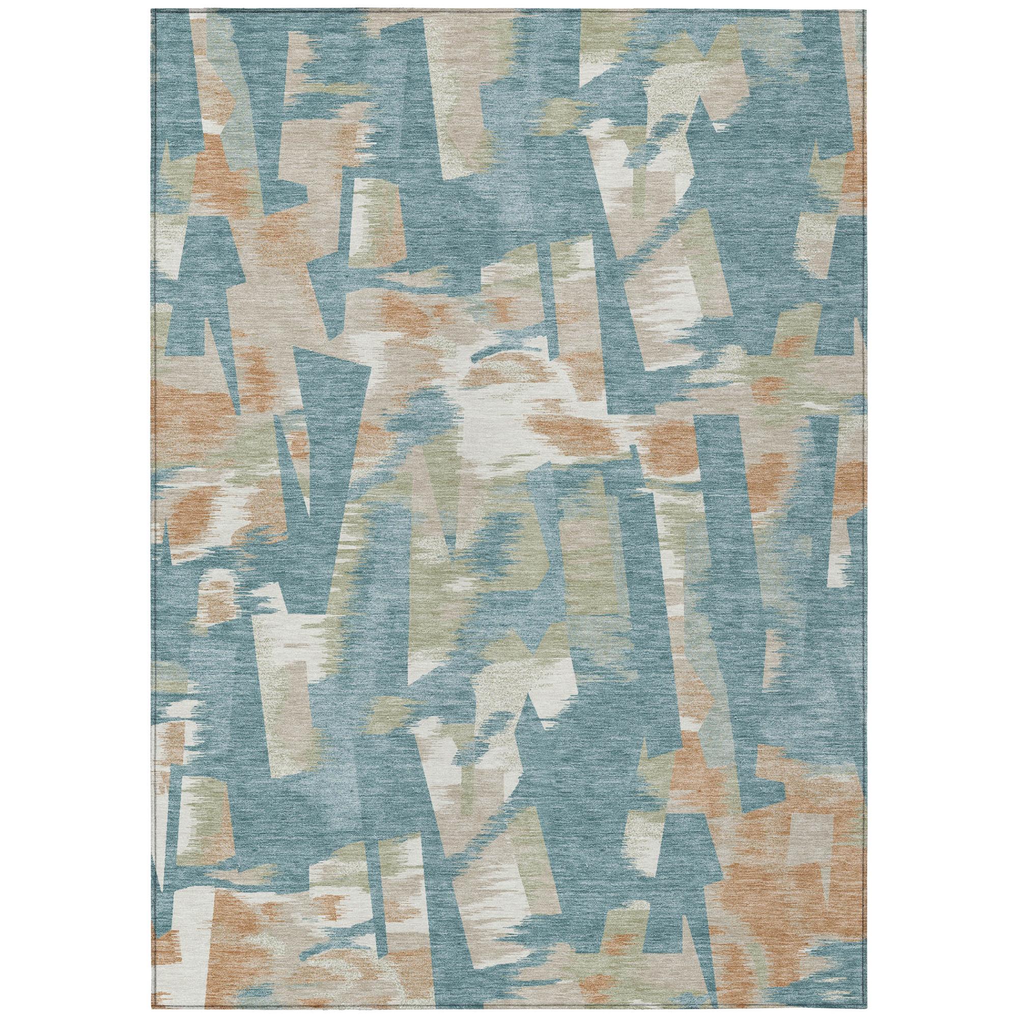 Rectangular abstract rug: teal blue with beige and cream geometric block pattern