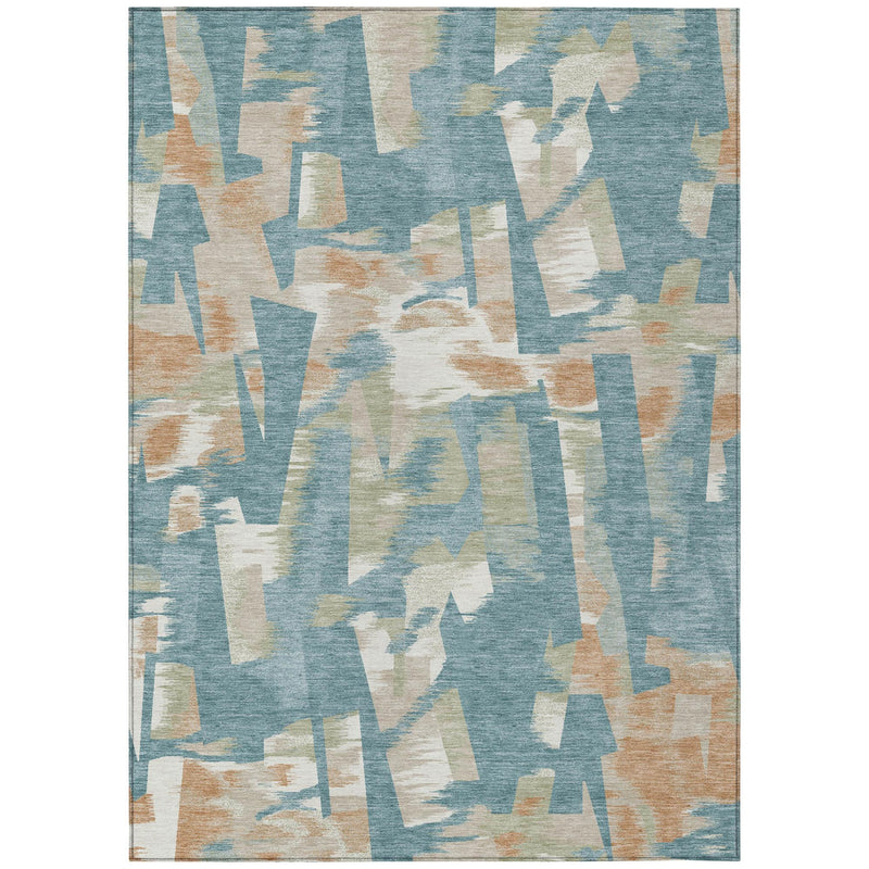 Rectangular abstract rug: teal blue with beige and cream geometric block pattern