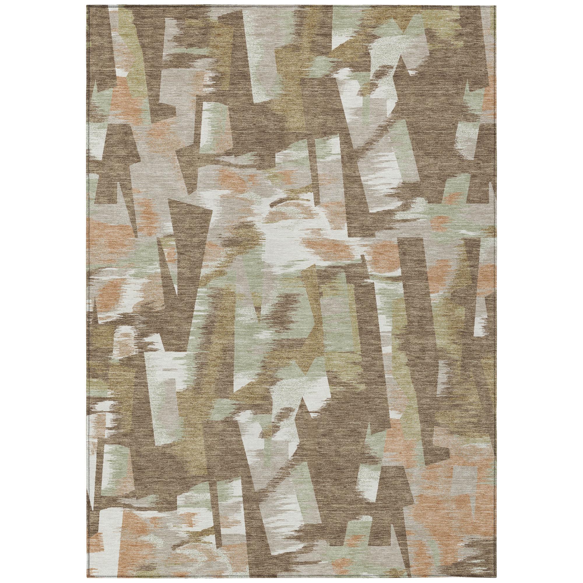 Full view abstract area rug with brown background, beige and white blocks, muted tones