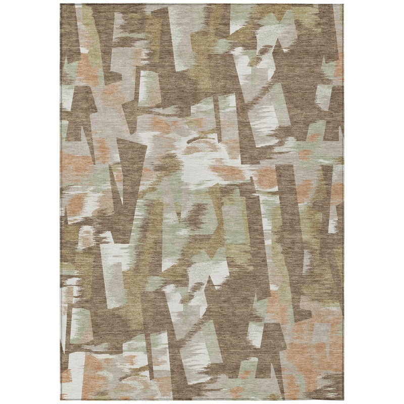 Full view abstract area rug with brown background, beige and white blocks, muted tones