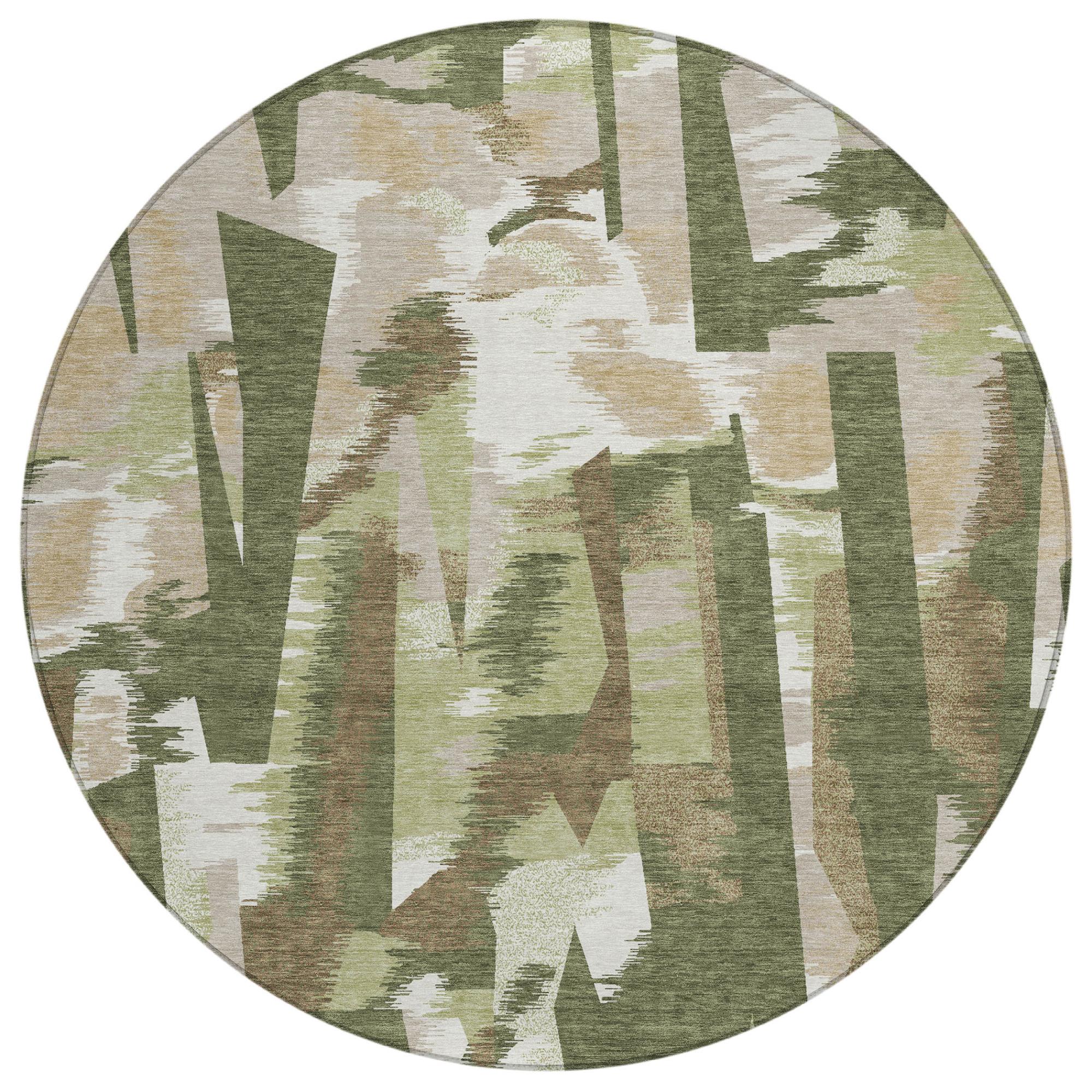 Round abstract area rug in olive green, sage green, and cream with textured block shapes