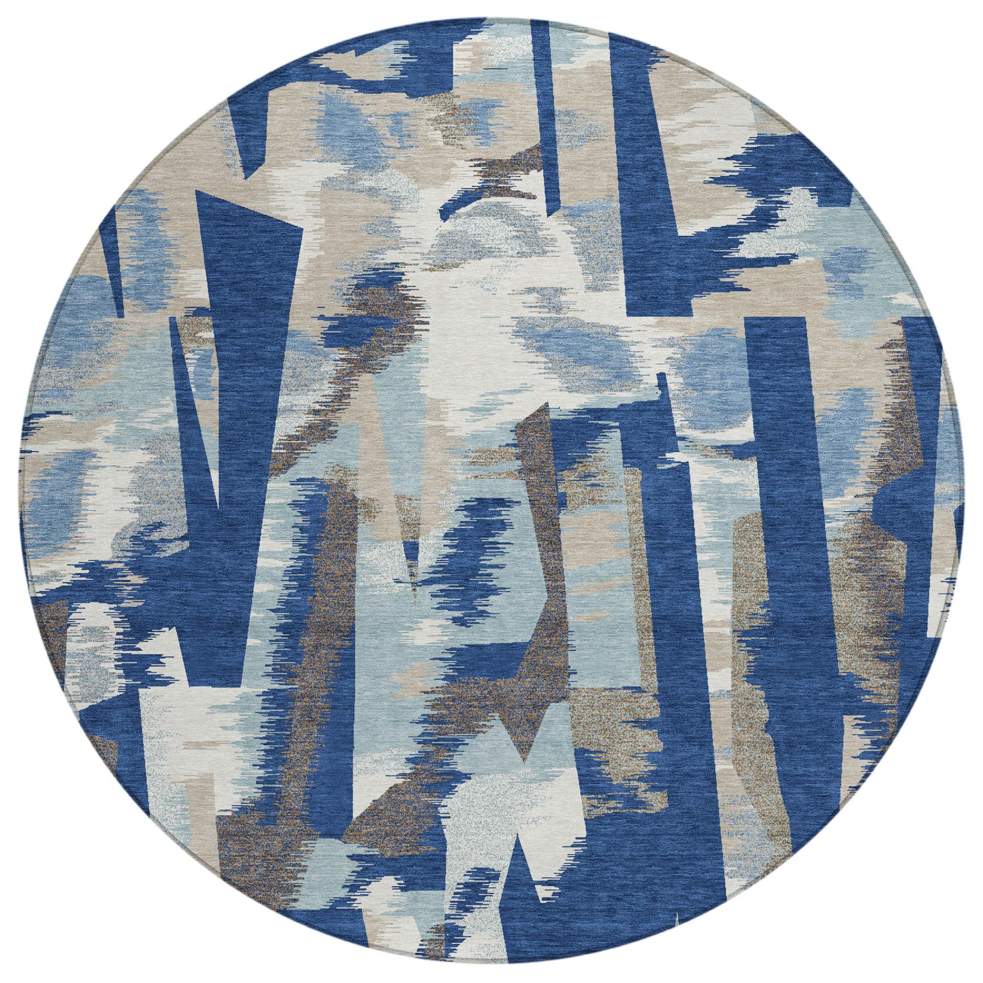 Round abstract area rug with blue-and-beige layered rectangular accents