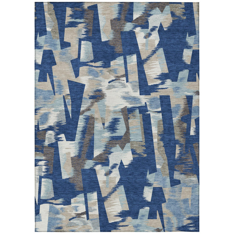 Blue and beige abstract area rug, rectangular design with layered geometric shapes