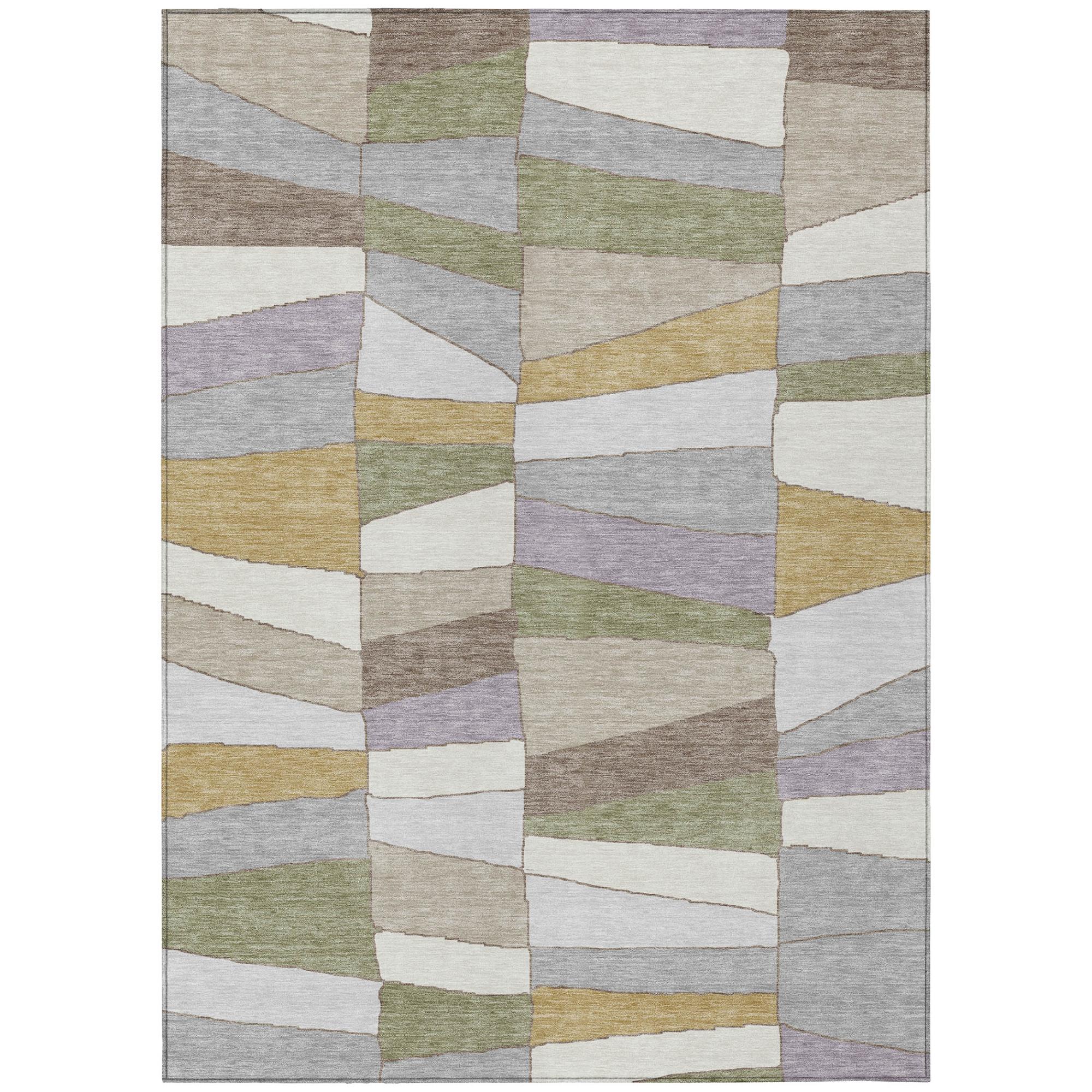 Rectangular geometric area rug with patchwork cube pattern in gray, green, and tan