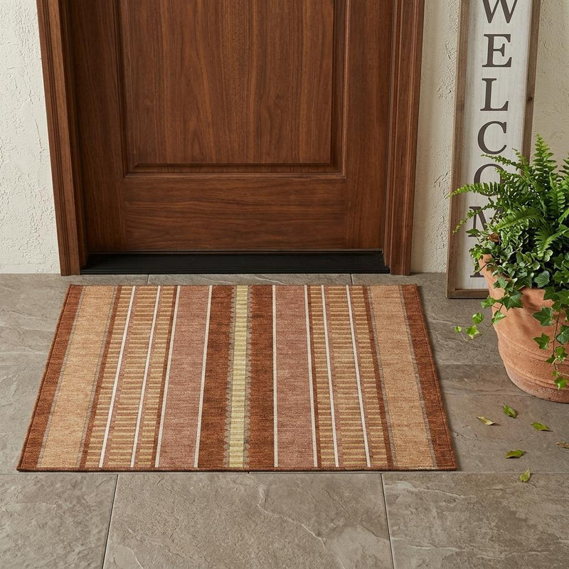 Striped area rug laid on floor with orange-brown and gray vertical bands