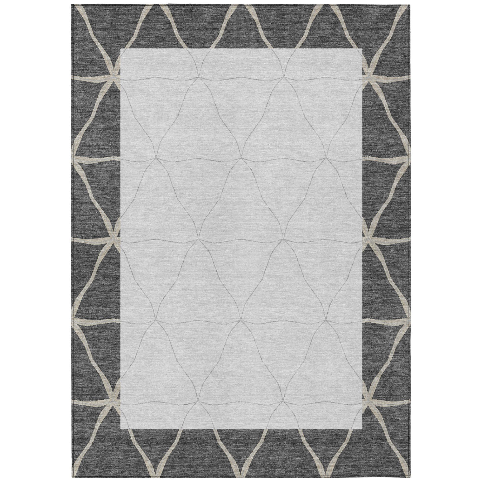 Graphite and gray geometric area rug with light gray center and border line motifs